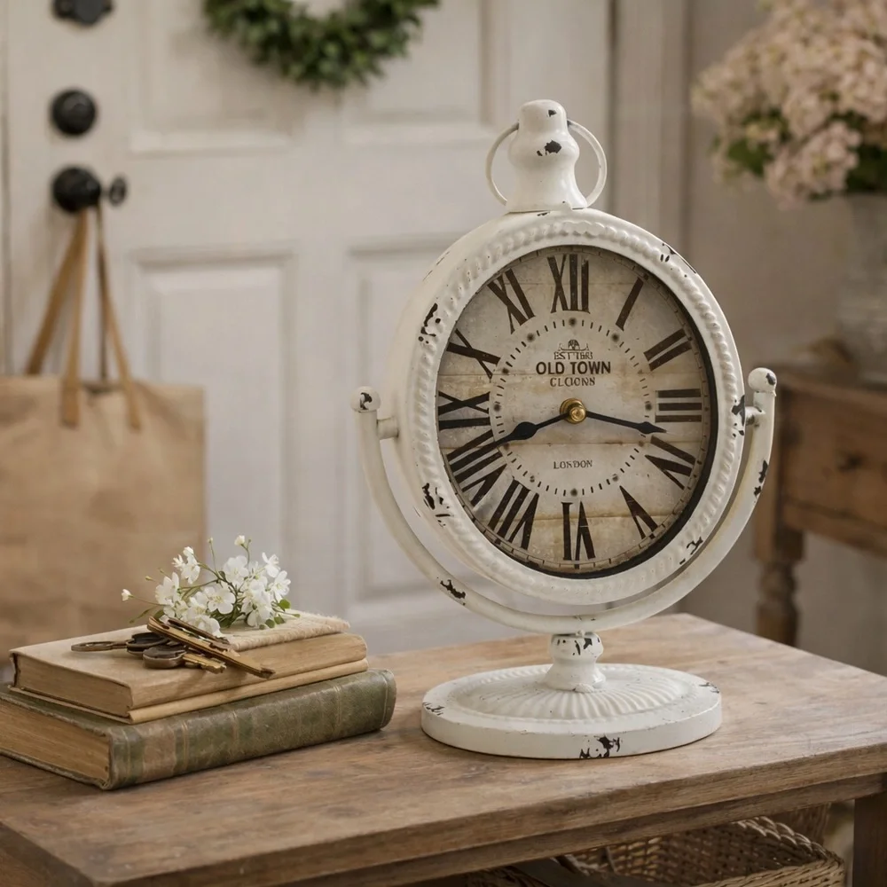White Metal Table Clock Roman